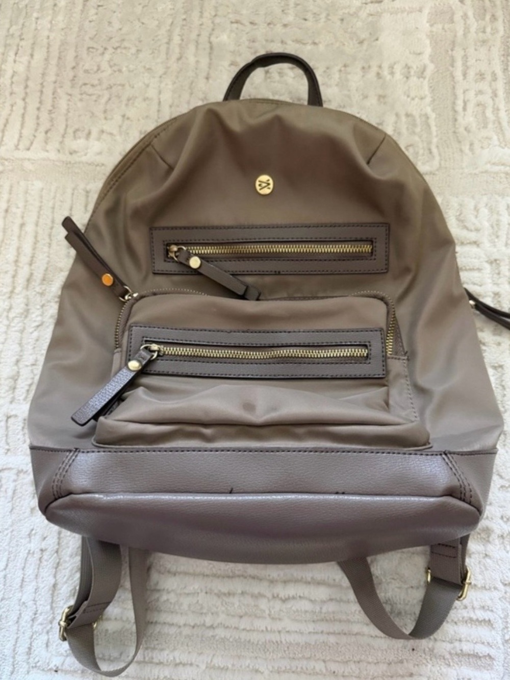 Travanti Taupe Nylon Backpack Multi Pocket Gold Hardware Travel Bag